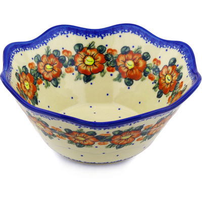 Polish Pottery Fluted Bowl 11&quot; Autumn Pansies UNIKAT