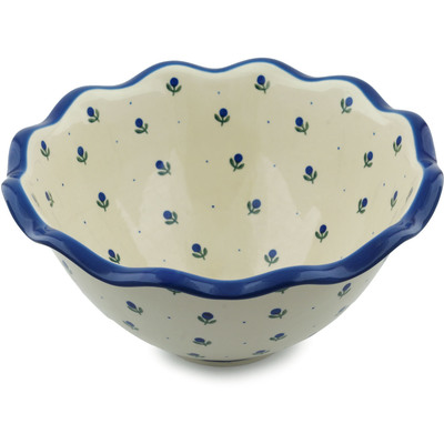 Polish Pottery Fluted Bowl 12&quot; Blue Buds
