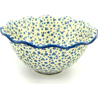 Polish Pottery Fluted Bowl 12&quot; Blue Confetti