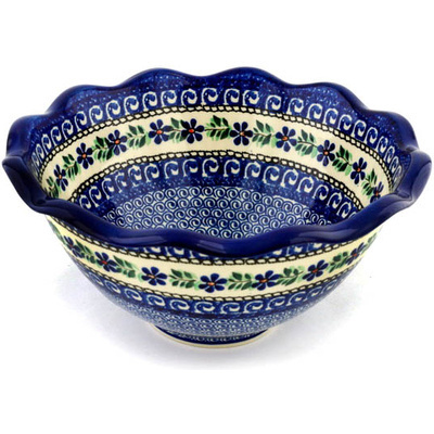 Polish Pottery Fluted Bowl 12&quot; Blue Daisy Swirls
