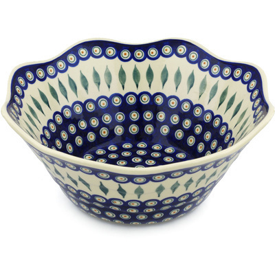 Polish Pottery Fluted Bowl 13&quot; Peacock