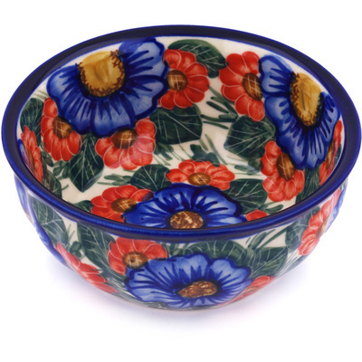 Polish Pottery Fluted Bowl 7&quot; Flowers In Bloom UNIKAT