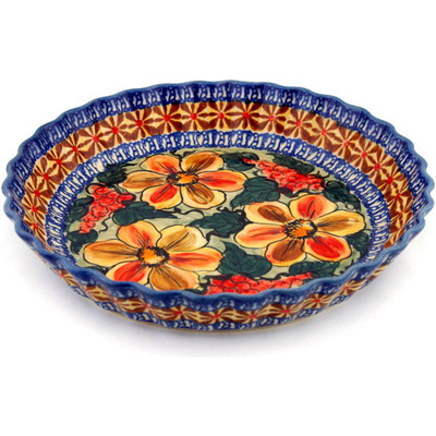 Polish Pottery Fluted Pie Dish 10&quot; Colorful Bouquet UNIKAT