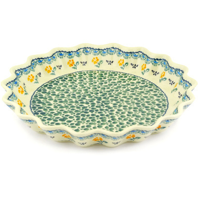 Polish Pottery Fluted Pie Dish 10&quot; Green Bubbles