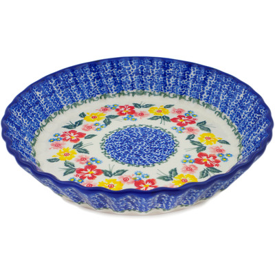 Polish Pottery Fluted Pie Dish 10&quot; Hibiscus Haven