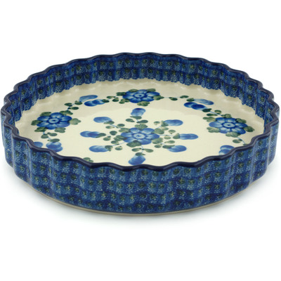 Polish Pottery Fluted Pie Dish 9&quot; Blue Poppies