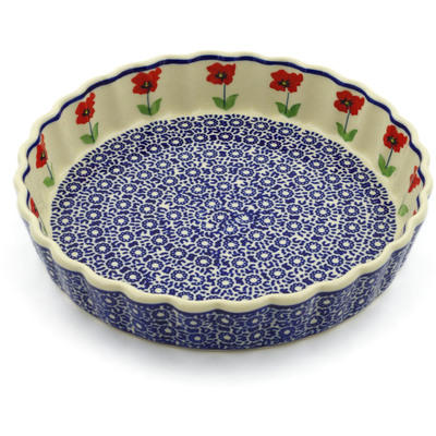 Polish Pottery Fluted Pie Dish 9&quot; Wind-blown Poppies
