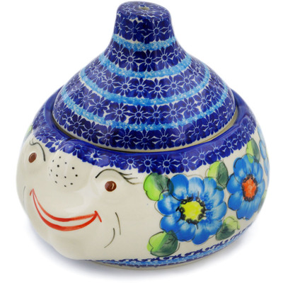 Polish Pottery Garlic and Onion Jar 9&quot; Bold Blue Poppies UNIKAT