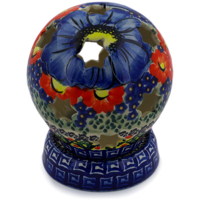 Polish Pottery Globe Shaped Candle Holder 5&quot; Aztec Flowers UNIKAT