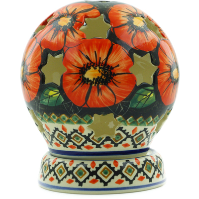 Polish Pottery Globe Shaped Candle Holder 5&quot; Poppy Passion UNIKAT