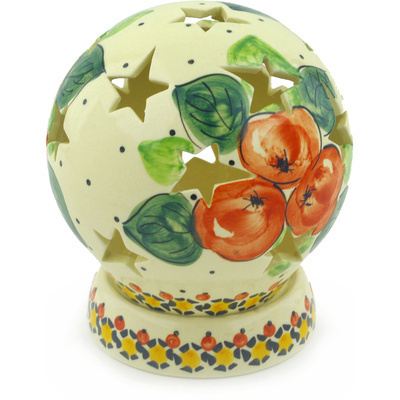 Polish Pottery Globe Shaped Candle Holder 5&quot; Red Apples UNIKAT