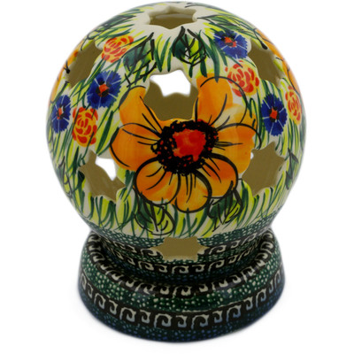 Polish Pottery Globe Shaped Candle Holder 5&quot; Yellow Flower UNIKAT