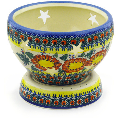 Polish Pottery Globe Shaped Candle Holder 8&quot; Sunshine Bees UNIKAT