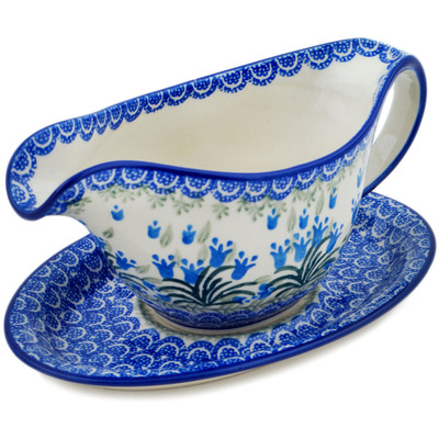 Polish Pottery Gravy Boat with Saucer 20 oz Feathery Bluebells