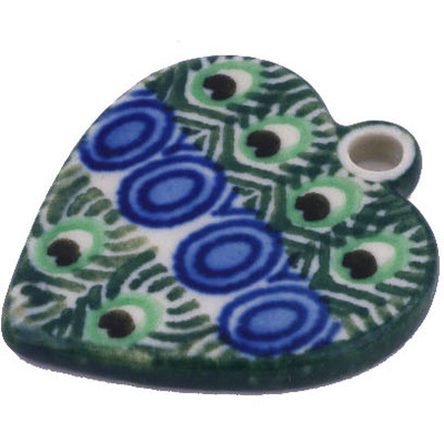 Polish Pottery Heart Pendant 1&quot; Peacock Tail UNIKAT
