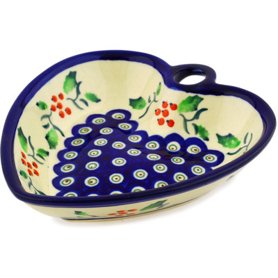 Polish Pottery Heart Shaped Bowl 6&quot; Holly Berries