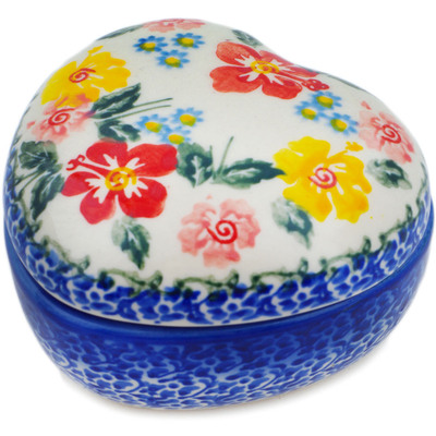 Polish Pottery Heart Shaped Jar 4&quot; Hibiscus Haven