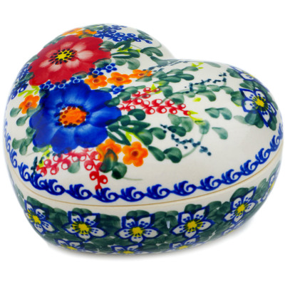 Polish Pottery Heart Shaped Jar 5&quot; Polish Garden UNIKAT