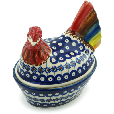 Polish Pottery Hen Shaped Jar 8&quot; Flowering Peacock UNIKAT