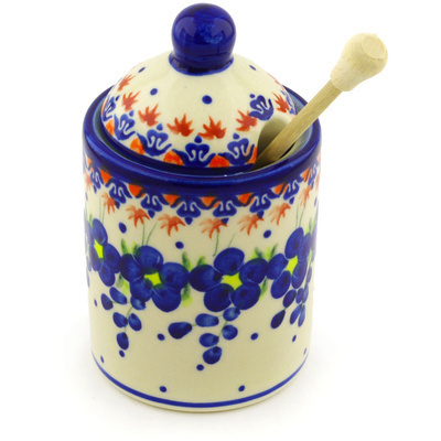 Polish Pottery Honey Jar with Dipper 6&quot; Passion Poppy