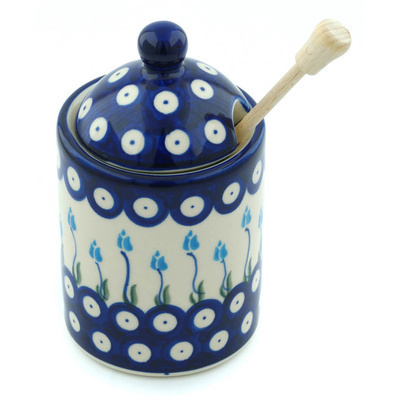 Polish Pottery Honey Jar with Dipper 6&quot; Peacock Tulip Garden