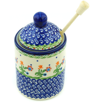 Polish Pottery Honey Jar with Dipper 6&quot; Spring Flowers