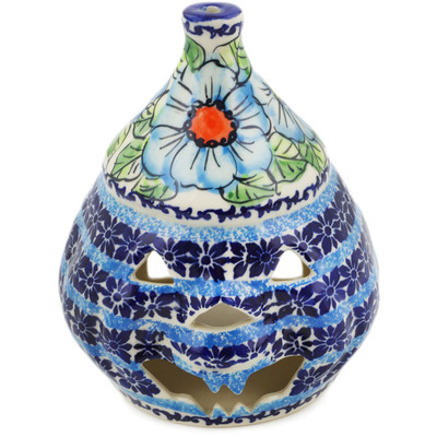 Polish Pottery Jack O Lantern Candle Holder 6&quot; Bold Blue Poppies UNIKAT