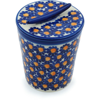 Polish Pottery Jar with Lid 5&quot; Blue Sunflower UNIKAT