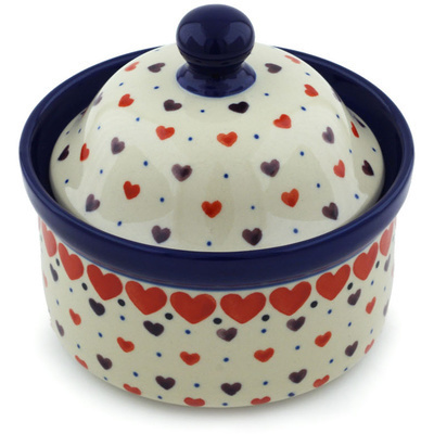 Polish Pottery Jar with Lid 5&quot; Red Hearts Delight