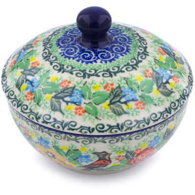 Polish Pottery Jar with Lid 5&quot; Red Robin Roses UNIKAT