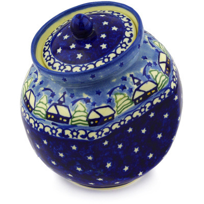 Polish Pottery Jar with Lid 6&quot; Village Stars UNIKAT