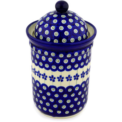 Polish Pottery Jar with Lid 9&quot; Flowering Peacock