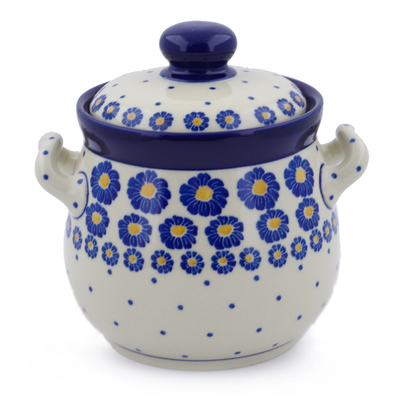 Polish Pottery Jar with Lid and Handles 6&quot; Blue Zinnia
