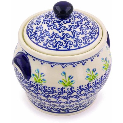 Polish Pottery Jar with Lid and Handles 6&quot; Evergreen Wreath