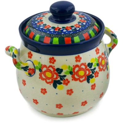 Polish Pottery Jar with Lid and Handles 6&quot; Floral Puzzles UNIKAT