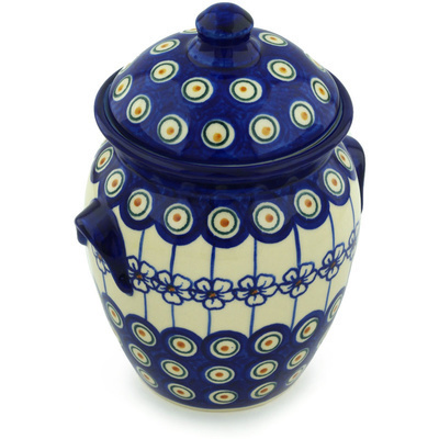 Polish Pottery Jar with Lid and Handles 7&quot; Flowering Peacock
