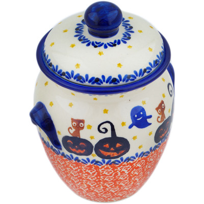 Polish Pottery Jar with Lid and Handles 7&quot; Jack-o-lantern Fun