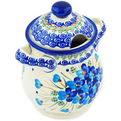 Polish Pottery Jar with Lid and Handles 8&quot; Blue Pansy