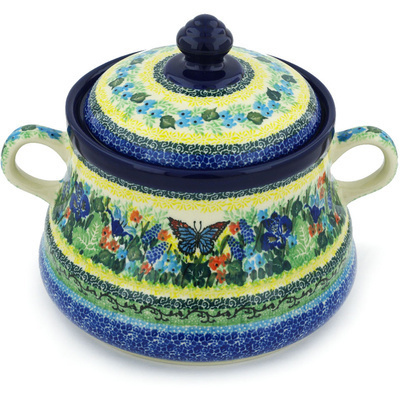 Polish Pottery Jar with Lid and Handles 9&quot; Blue Butterfly Meadow UNIKAT