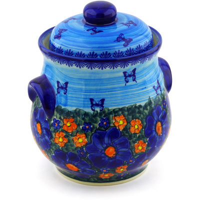 Polish Pottery Jar with Lid and Handles 9&quot; Midnight Garden UNIKAT