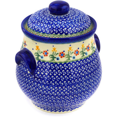 Polish Pottery Jar with Lid and Handles 9&quot; Spring Flowers