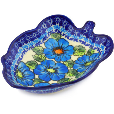 Polish Pottery Leaf Shaped Bowl 8&quot; Bold Blue Poppies UNIKAT