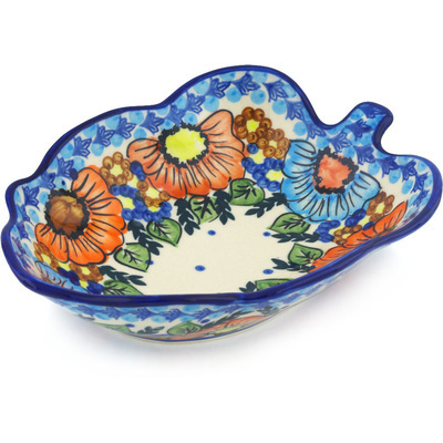 Polish Pottery Leaf Shaped Bowl 8&quot; Bold Poppies