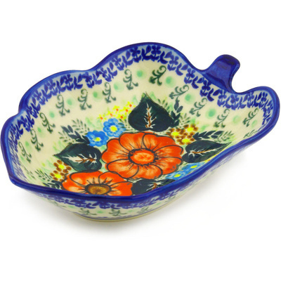 Polish Pottery Leaf Shaped Bowl 8&quot; Bold Red Poppies UNIKAT