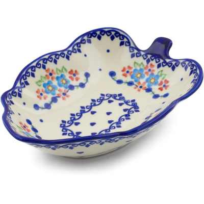 Polish Pottery Leaf Shaped Bowl 8&quot; Hearts And Flowers