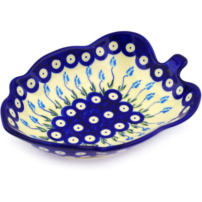Polish Pottery Leaf Shaped Bowl 8&quot; Peacock Tulip Garden
