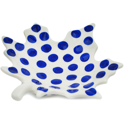 Polish Pottery Leaf Shaped Bowl 9&quot; Blue Polka Dot Beauty