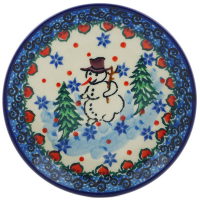 Polish Pottery Mini Plate, Coaster plate Dancing Snowman UNIKAT