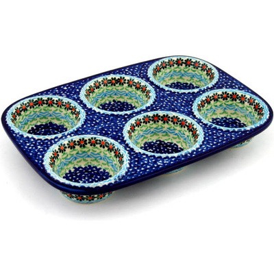 Polish Pottery Muffin Pan 11&quot; Daisies By The Sea
