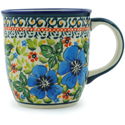 Polish Pottery Mug 12 oz Vibrant Blue Flowers UNIKAT